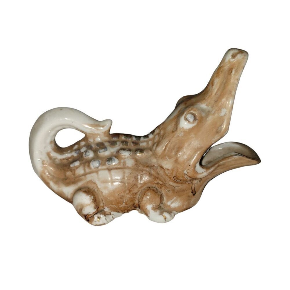 Vintage Ashtray Ceramic Alligator Crocodile Japan Cigar Figurine Gold‎ Trim
